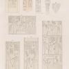 Neues Reich. Dynastie XXVI.  a.  Steinbrüche von Tûra; b. Hamamât [Wadi Hammamat]; c. Rückeninschrift einer Statue; d. dbis. Todtenstatuette; e-h. Theben [Thebes]. Karnak. Tempelchen J. [c-dbis. jetzt im K. Museum zu Berlin.]