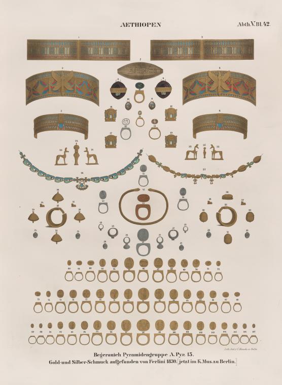Lepsius plate showing gold and silver jewellery found by Ferlini