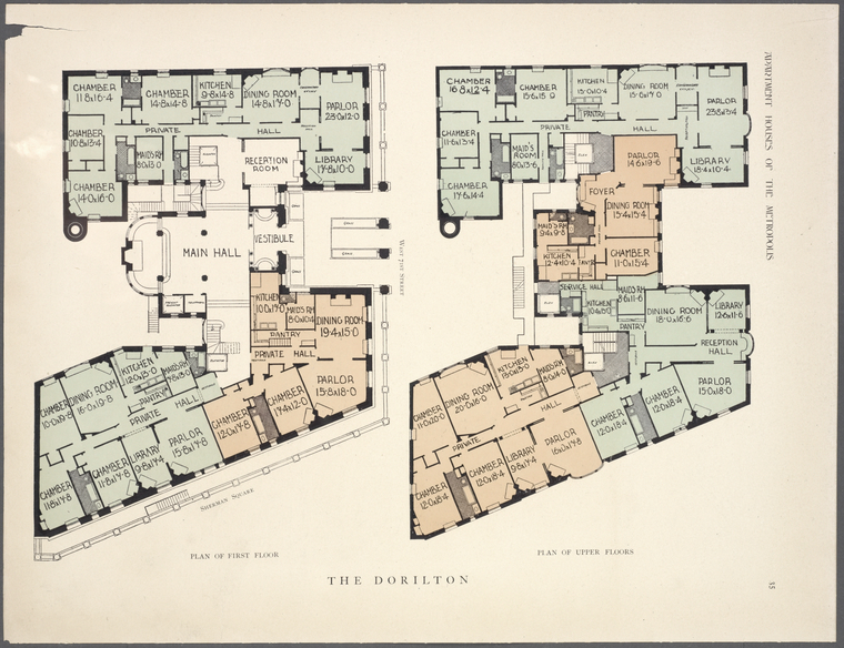 The Dorilton. Plan of first floor ; Plan of upper floors