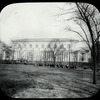 Central building, exterior views, Bryant park : park and library facade, people on benches, small half-timbered building near library, ca. 1910s