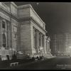 Central building, exterior views, Fifth Avenue, 1911-1912 : on parade day, 1912, showing viewing stand in front of library, traffic.