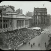 Central building, exterior views, Fifth Avenue, 1911-1912 : Library from Fifth Avenue and 42nd Street, looking southwest, traffic on streets below