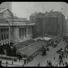 Central building, exterior views, Fifth Avenue : reviewing stand for the Civic Parade, May 17, 1913, looking north, stands empty.