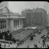 Central building, exterior views, Fifth Avenue : reviewing stand for the Civic Parade, May 17, 1913, looking north, stands empty