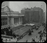 Central building, exterior views, Fifth Avenue : reviewing stand for the Civic Parade, May 17, 1913, looking north, stands empty