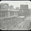 Central building, exterior views, Fifth Avenue : head of Civic Parade, passing grand stand at N.Y.Public Library, May 17, 1913, looking south, stands filled