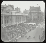 Central building, exterior views, Fifth Avenue : head of Civic Parade, passing grand stand at N.Y.Public Library, May 17, 1913, looking south, stands filled