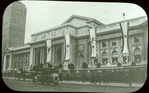 Central building, exterior views, Fifth Avenue : Fifth Ave. facade, banners in front of library, for United War Work or War Commission parade, 1917?