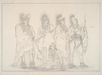 Konza. 1. Sho-me-cos-see (the Wolf) Head Chief of the tribe, in a beautiful costume: wearing a Buffalo Robe, with paintings on it illustrating the battles which he has fought, and smoking a long and beautiful pipe; 2-4. Wa-hon-ga-shee (Not a Fool), Chesh-oo-hong-ha ( the Man of Good Sense), Meach-o-shin-gaw ( the Little White Bear), three distinguished warriors of the tribe, in war dress and war paint; all with their heads shaved, and ornamented with beautiful red crests, made of the hair of the deer's tail dyed red, and horse hair. The uniform made of the men of that tribe; 5. Wife and child of the Chief.