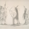 Mandan.  39-41. Seek-hee-de (the Mouse-Coloured Feather), Un-ka-kah-hoh-she-kow (the Long Finger Nails), Mah-tahp-ta-hah (he who rushes through the middle), three young warriors, in war costume and war paint, and armed for battle, ....