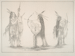Mandan.  39-41. Seek-hee-de (the Mouse-Coloured Feather), Un-ka-kah-hoh-she-kow (the Long Finger Nails), Mah-tahp-ta-hah (he who rushes through the middle), three young warriors, in war costume and war paint, and armed for battle, ....