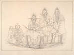 Pawnee. 113-115. La-du-ke-a (the Buffalo Bull), Loo-ra-wee-re-coo (the Bird that Goes to War), Ah-sha-la-coots-a (the Mole in the Forehead), three distinguished warriors of the Pawnees of the Platte, ... ; 116. Wife of  one of the warriors, with infant (pappoose) in its cradle.