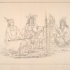 Ojibbeway. 136. Gitch-ee-gaw-ga-osh (the Point that Remains Forever), an aged Chief with his pipe in his hand; 137-139. On-daig (the Crow), I-an-bee-wa-dick (Male Caribou), Ca-bee-muh-be (he who sits every where), three warriors fo the tribe, seated in council with the Chief.