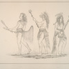 Sioux & Choctaw. Ball players, in Ball play costume. 240. Tullock-chish-ko (he who drinks the juice of the stones), a Choctaw Ball player, the most famous of his tribe, ... This tribe play with two rackets, one in each hand, and wear a tail made of white horse hair, as seen in the drawing; 241. We-chush-ta-doo-ta (the Red Man) one of the most celebrated players in the Sioux tribe. This tribe play with one racket, carried in both hands, and wear a tail made of Eagles feathers, or of long grass; 242. Ah-no-je-nahge (he who stands of both sides) said to be the most distinguished player of his tribe, ...