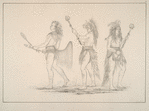 Sioux & Choctaw. Ball players, in Ball play costume. 240. Tullock-chish-ko (he who drinks the juice of the stones), a Choctaw Ball player, the most famous of his tribe, ... This tribe play with two rackets, one in each hand, and wear a tail made of white horse hair, as seen in the drawing; 241. We-chush-ta-doo-ta (the Red Man) one of the most celebrated players in the Sioux tribe. This tribe play with one racket, carried in both hands, and wear a tail made of Eagles feathers, or of long grass; 242. Ah-no-je-nahge (he who stands of both sides) said to be the most distinguished player of his tribe, ...