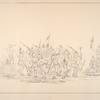Medicine dance. Sau-kie. 253. 'Dance to the Medicine Bag of the Brave'. When a party of Saukie warriors has returned from battle, with scalps, they dance on 15 days successively in front of the wig-wam of one of their fellow warriors who has been killed in battle, whose widow hangs out his medicine bag on a green bush erected in front of the door, under which she sits and cries. In their songs they recount his feats of bravery, and throw presents to the widow and children.