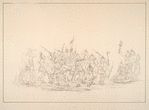 Medicine dance. Sau-kie. 253. 'Dance to the Medicine Bag of the Brave'. When a party of Saukie warriors has returned from battle, with scalps, they dance on 15 days successively in front of the wig-wam of one of their fellow warriors who has been killed in battle, whose widow hangs out his medicine bag on a green bush erected in front of the door, under which she sits and cries. In their songs they recount his feats of bravery, and throw presents to the widow and children.