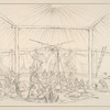 Mandan. Interior view of the wigwam of the head Chief of the tirbe - of a circular form, and sixty feet in diameter, formed with heavy timbers, and covered with clay. ...