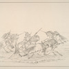 Camanchee. Camanchee warriors showing the author their mode of passing their enemy on horseback,  ....