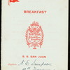 BREAKFAST [held by] NEW YORK AND PORTO RICO STEAMSHIP CO. [at] S.S. SAN JUAN (SS;)