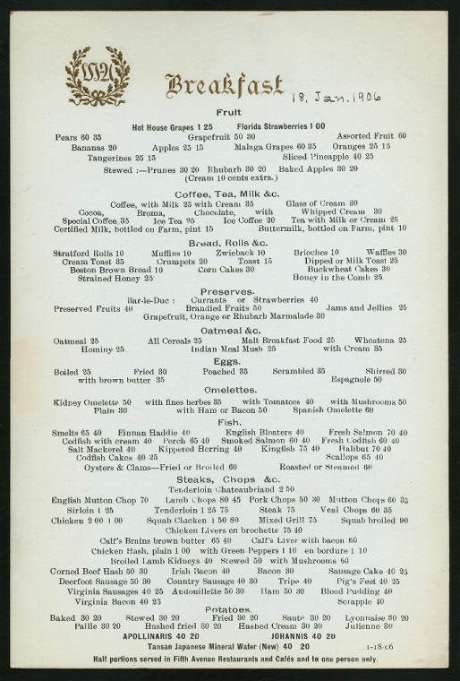 DAILY MENU, BREAKFAST [held by] [WALDORFASTORIA?] [at] "[NEW YORK, NY