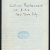 DAILY MENU, DINNER [held by] COLLINS' RESTAURANT [at] "145 8TH AVENUE, NEW YORK, NY" (REST;)