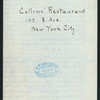 DAILY MENU, DINNER [held by] COLLINS' RESTAURANT [at] "145 8TH AVENUE, NEW YORK, NY" (REST;)