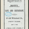 BILL OF FARE [held by] HARTMAN'S HOTEL [at] NEW YORK, NY (HOTEL;)