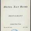 DINNER [held by] SAN REMO HOTEL [at] "75TH ST & CENTRAL PARK WEST, NY" (HOTEL;)