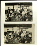 Two photographs depicting part of Gamelan Sekati within its pavilion (panggung) in the forecourt of an old mosque, Jogjakarta