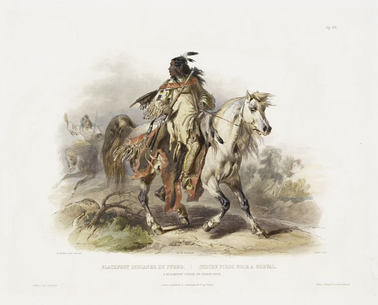 Blackfoot Indianer zu Pferd. Indien Pieds Noir à cheval. A Blackfoot