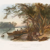 Bivouac der Reisenden am Missouri. Halte des voyageurs sur le Missouri. Encampment of the  travellers ont the Missouri.