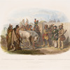 Zusammenkunft der reisenden mit Monnitarri Indianern bei Fort Clark. Rencontre des voyageurs avec des Indiens Meunitarri près du Fort Clark. The travellers meeting with Minatarre Indians near Fort Clark.