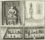 Fig. 1. A view of the two courts of Berklam's temple.  Fig. 2. A large Idol, with several smaller ones. Fig. 3. A stone held very sacred by the Siamites; Fig. 4. Monstrous Idols.
