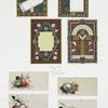 Decorative Easter cards with crosses ; business cards with eggs and feathers.