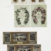 Birthday and Christmas cards depicting flowers, Santa Claus, reindeer, and people caroling.