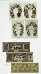 Birthday and Christmas cards depicting flowers, Santa Claus, reindeer, and people caroling.
