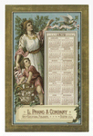 Calendar from 1879 depicting a woman, child and birds