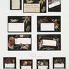Trade cards and labels depicting flowers, leaves, cigars, and scenes of humor.