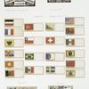 Trade cards for the International Exhibition and labels depicting flags from various countries and floral arrangements.