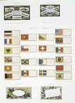 Trade cards for the International Exhibition and labels depicting flags from various countries and floral arrangements.