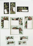 Menu and New Year cards and labels depicting hunting and flowers.