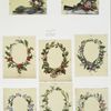 Christmas, New Year, and birthday cards depicting flower garlands, and flower arrangements, with cross and fan.
