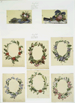 Christmas, New Year, and birthday cards depicting flower garlands, and flower arrangements, with cross and fan.