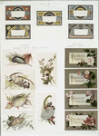 Birthday cards depicting flowers, seashells, and human figures.
