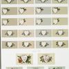 Valentine, Christmas, and New Year cards depicting hearts, flowers, families, birds, and couples.