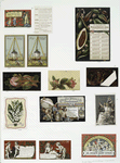 Trade cards for dry goods, garden seeds, baby syrup, chocolate, prints, clothing. Depictions of cocoa beans, slave in chains, babies, mother teaching children, 'purple top'.