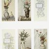 Birthday, Christmas and New Year cards depicting still lifes of vases, flowers, wallpaper, table clothes, eggs, a bowl and a book.