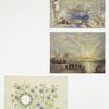 Easter cards with an ornamental floral design and a depiction of the new Jerusalem, boats and angels.