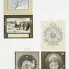 Christmas cards depicting winter scenes, children, bells, carriages, and ornamental design.